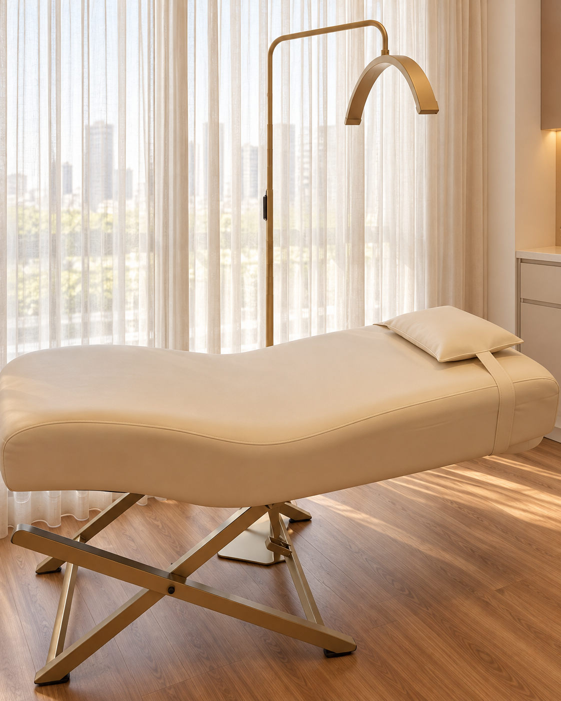 Maca ergonômica francesa em tom creme, com contornos acolchoados e luminária curva